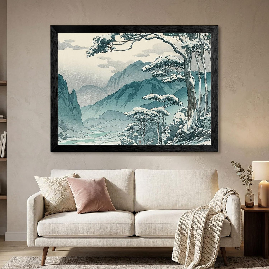Framed Wall Art - Winter Mountain Pass Landscape in Black Frame - Japanese Woodblock Style Snowy Nature Print - Ready to Hang Home Decor - 24x36 Inch