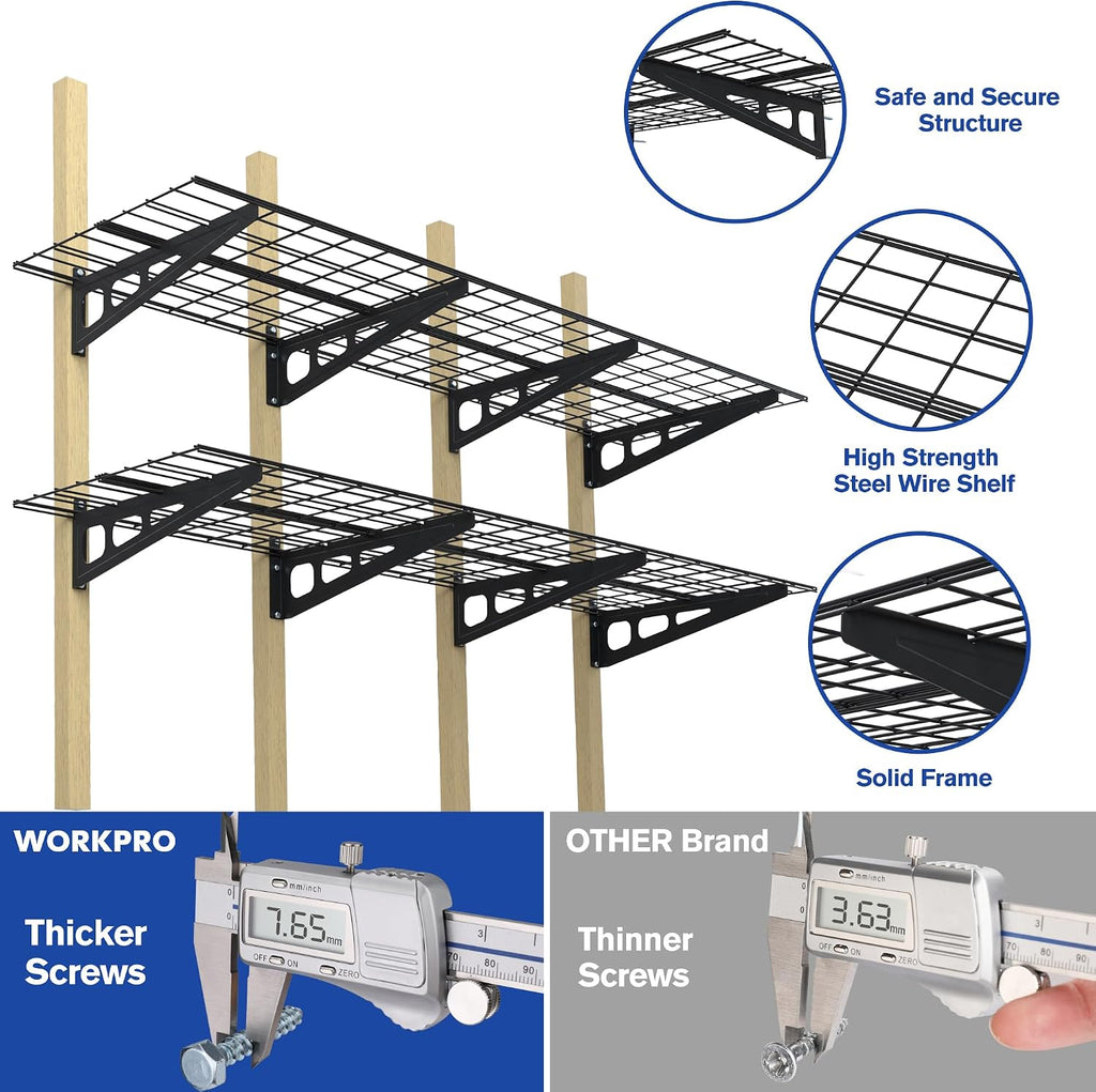 WORKPRO 2-Pack 2x6FT Garage Wall Shelving, 72' x 24' Heavy Duty Wall Mounted Shelving, 800lbs Load Capacity (Total), Metal Wall Shelves Suitable for Shop, Shed, Garage Storage, Black, 1 Sets