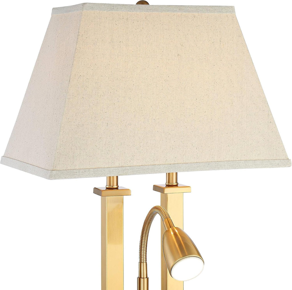 Possini Euro Design Deacon Modern Desk Table Lamp with USB and AC Power Outlet in Base LED Gooseneck 26' High Antique Brass Oatmeal Linen Drum Shade for Living Room Bedroom Bedside Nightstand