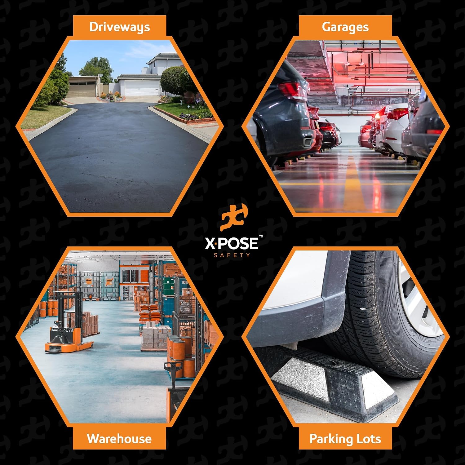 Xpose Safety 72' Heavy Duty Rubber Parking Stopper – Bulk 2 Full Pallets 100 Pack Wheel Blocks for Garage, Driveway, or Ramp – Car Bumper Stop with White Reflective Strips – Removable Floor Mount