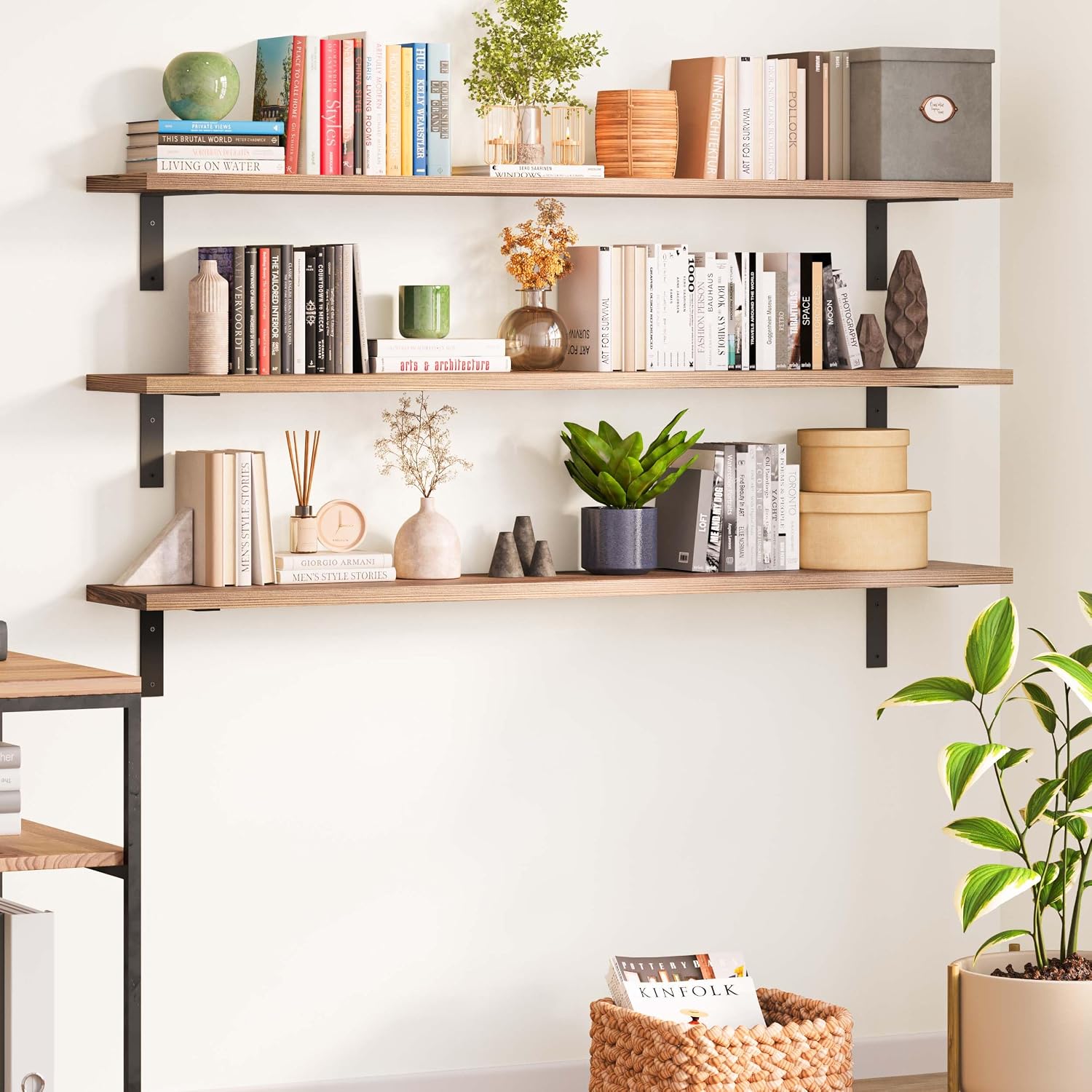 Wallniture Cervo 60 inch Long x 10 in Deep Floating Shelves for Wall Decor, Wall Bookshelf for Living Room, Shelves Home Office, Laundry Room, Floating Shelf Set of 3, Burnt, Wood
