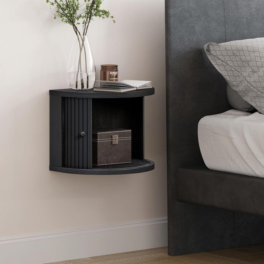 WERMO 16'' Black Floating Nightstand with Storage and Sliding Door - Floating Side Table for Living Room, Bedroom and Office. Mid Century Modern Nightstand Wood, Bedside Shelf Wall Mount (Black Oak)