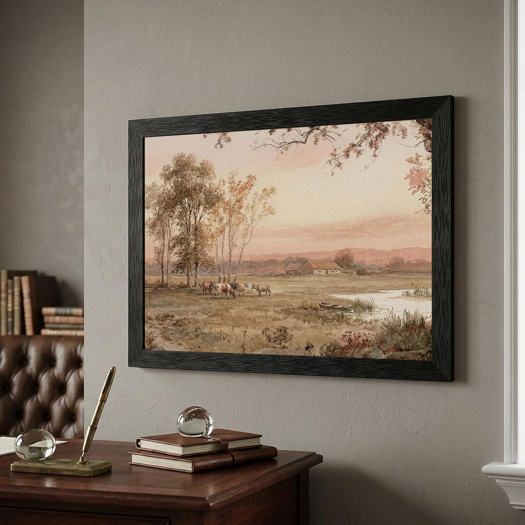 Framed Pastoral Landscape Wall Art, Black Frame Textured Finish, 19th-Century Style Watercolor Meadow at Dusk with Grazing Cattle and Elm Trees, Serene Countryside Home Decor - 24x36 Inch