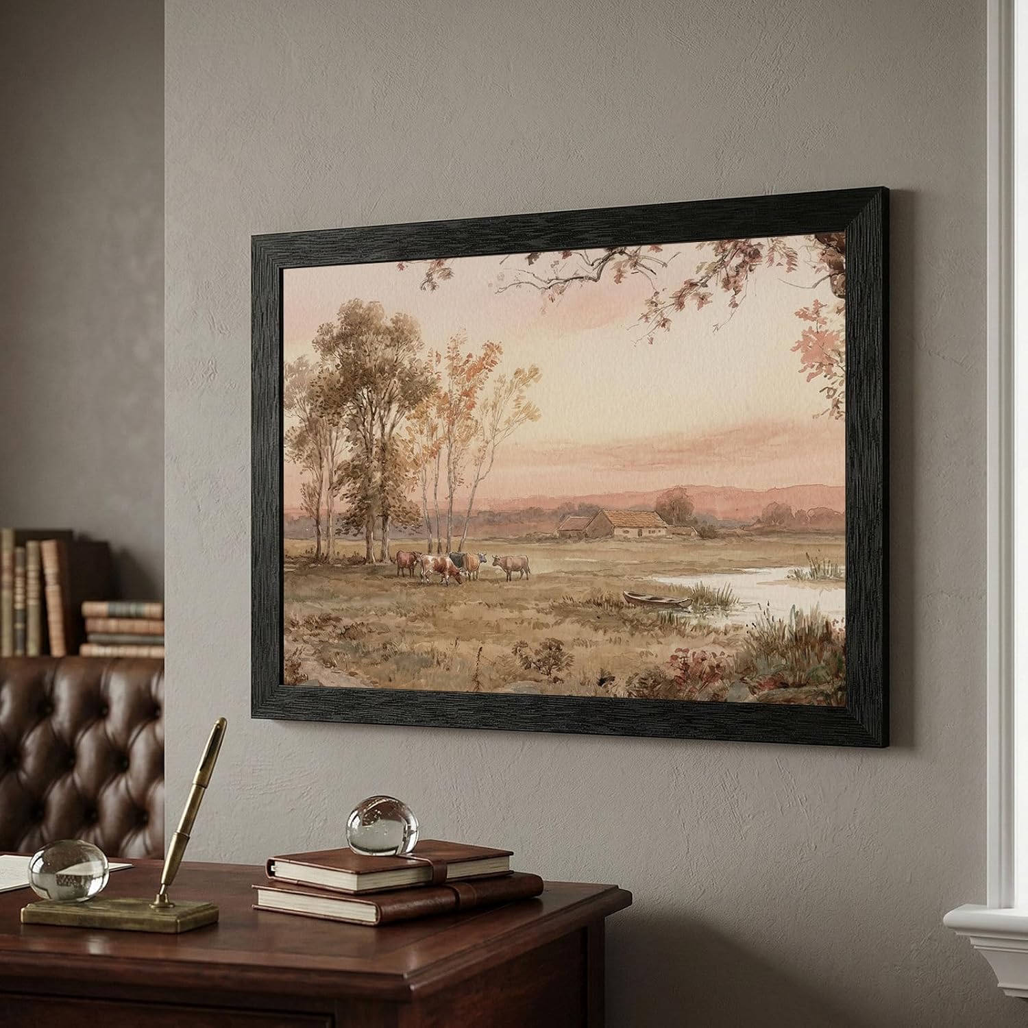 Framed Pastoral Landscape Wall Art, Black Frame Textured Finish, 19th-Century Style Watercolor Meadow at Dusk with Grazing Cattle and Elm Trees, Serene Countryside Home Decor - 24x36 Inch