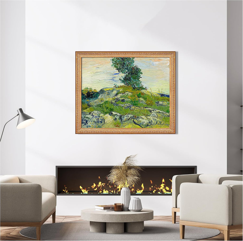 A&T ARTWORK The Rocks by Vincent Van Gogh.Framed Size:40.5x34.5 inches,Image Size:36x30 inches World Classic Reproductions For HomeDecor,Golden Frame