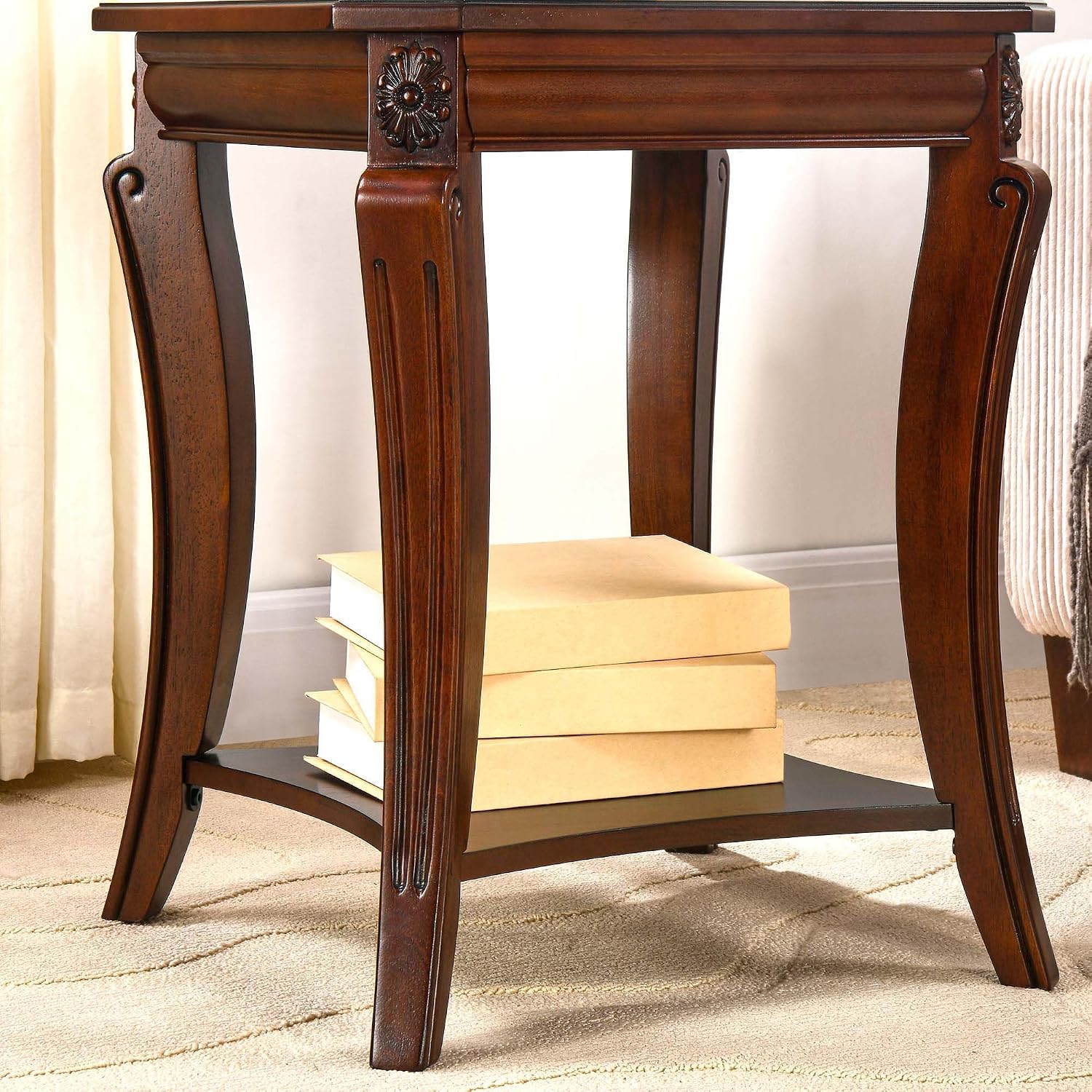 Square End Table with Storage Shelf, Farmhouse Sofa Side Tables for Living Room, Solid Wood Beside Table- With Floral Tabletop,Telephone Tabless, 19.7'D x 19.7'W x 23.8'H Cherry Brown CJZ-A1168-WD
