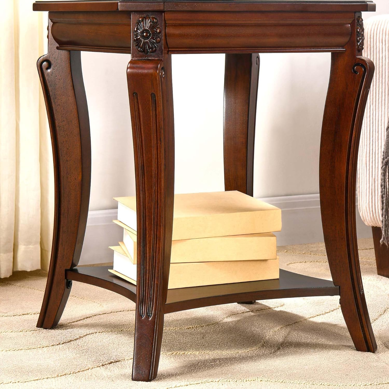 PADMA HOUSE Set of 2 Solid Wood Small End Table with Storage Shelf, Vintage Square Sofa Side Table with Splicing Tabletop and Curved Legs, 2-Tier Bedside Tables Nightstand in Cherry,19.7' Dx23.8 H