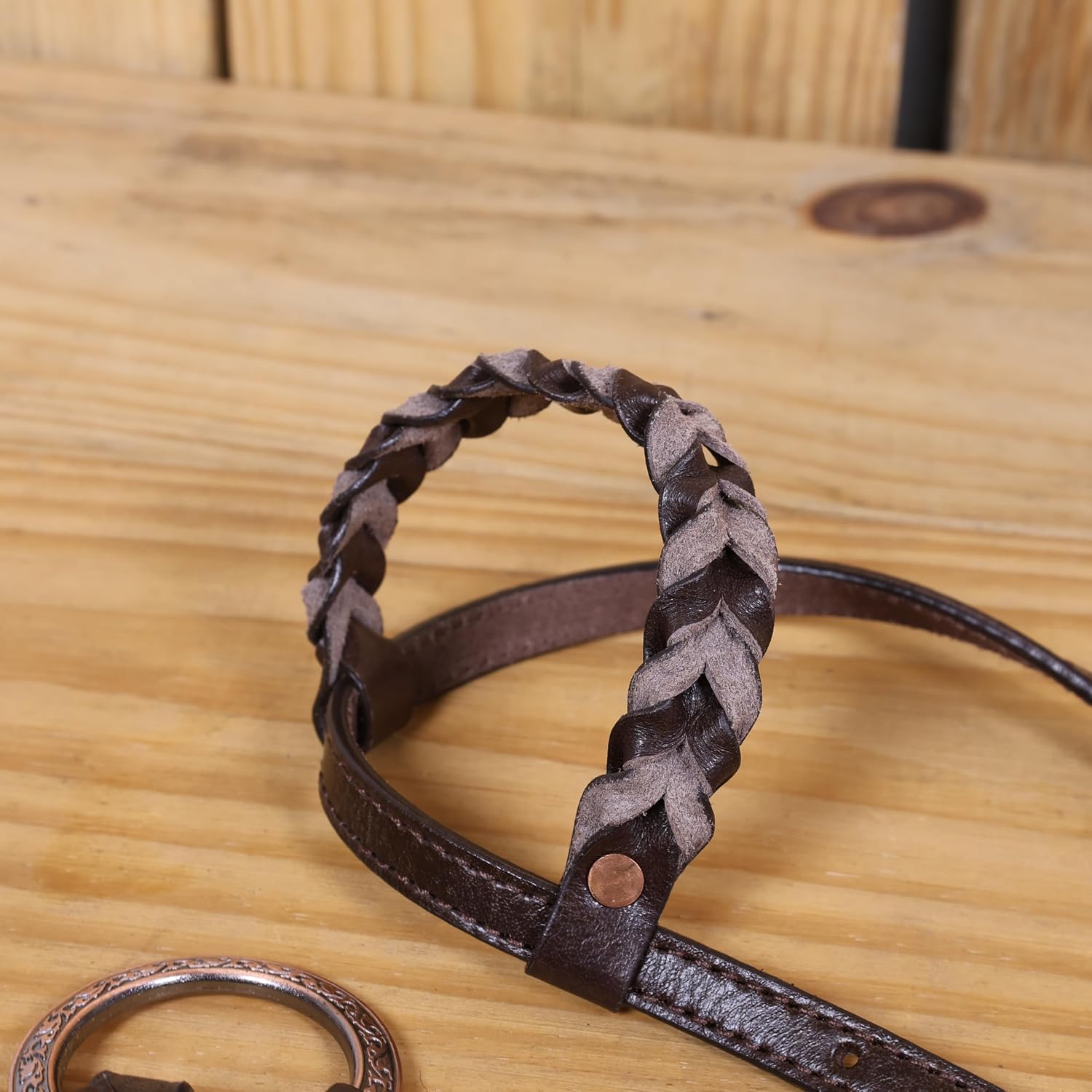 Western Ring Headstall and Breast Collar Set – Copper Rings, Black Alligator Leather Braiding & Cowhide Buck Stitching – Argentina Cow Leather, Antique Copper Hardware