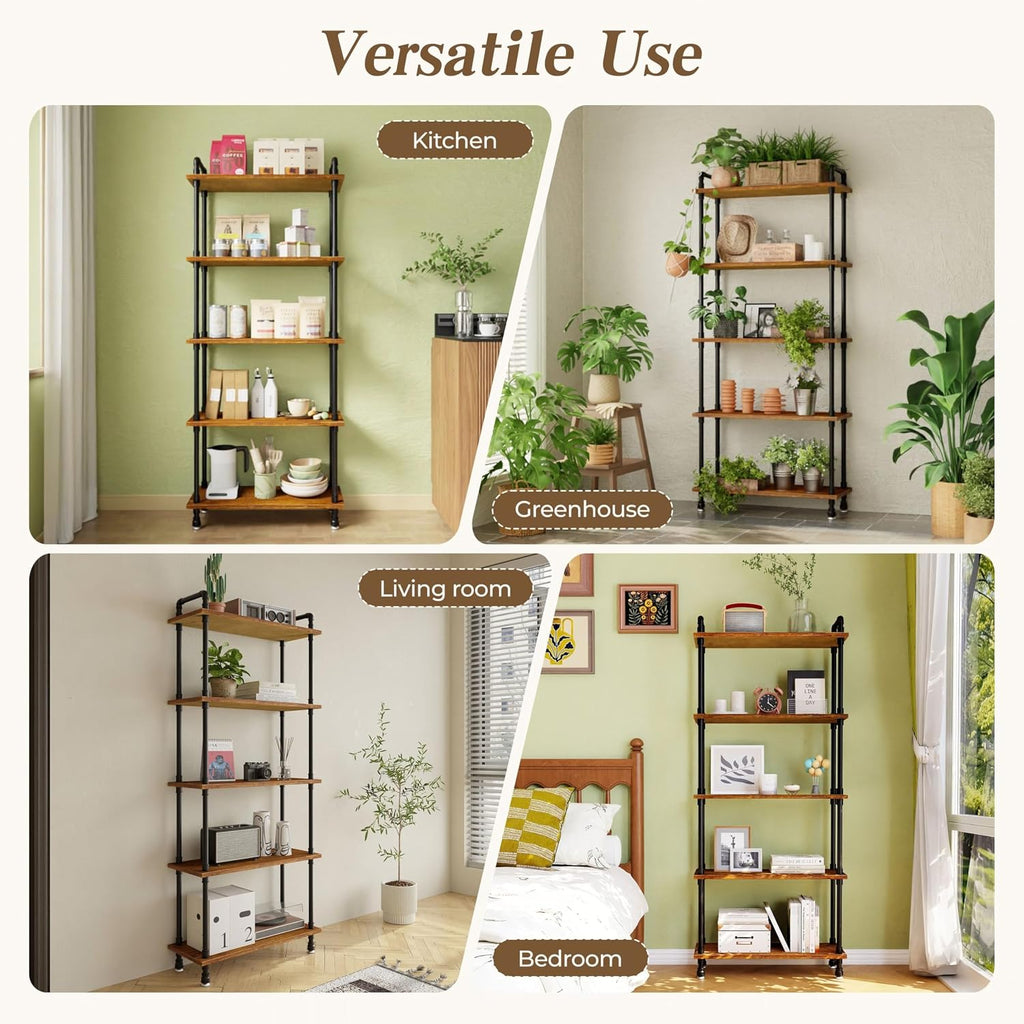 Industrial Bookshelf, Rustic Open Bookcase, 5 Tier Wood and Metal Bookshelf, Solid Pine Wood and Iron Pipe Tall Narrow Storage Shelf for Living Room Bedroom Office Kitchen