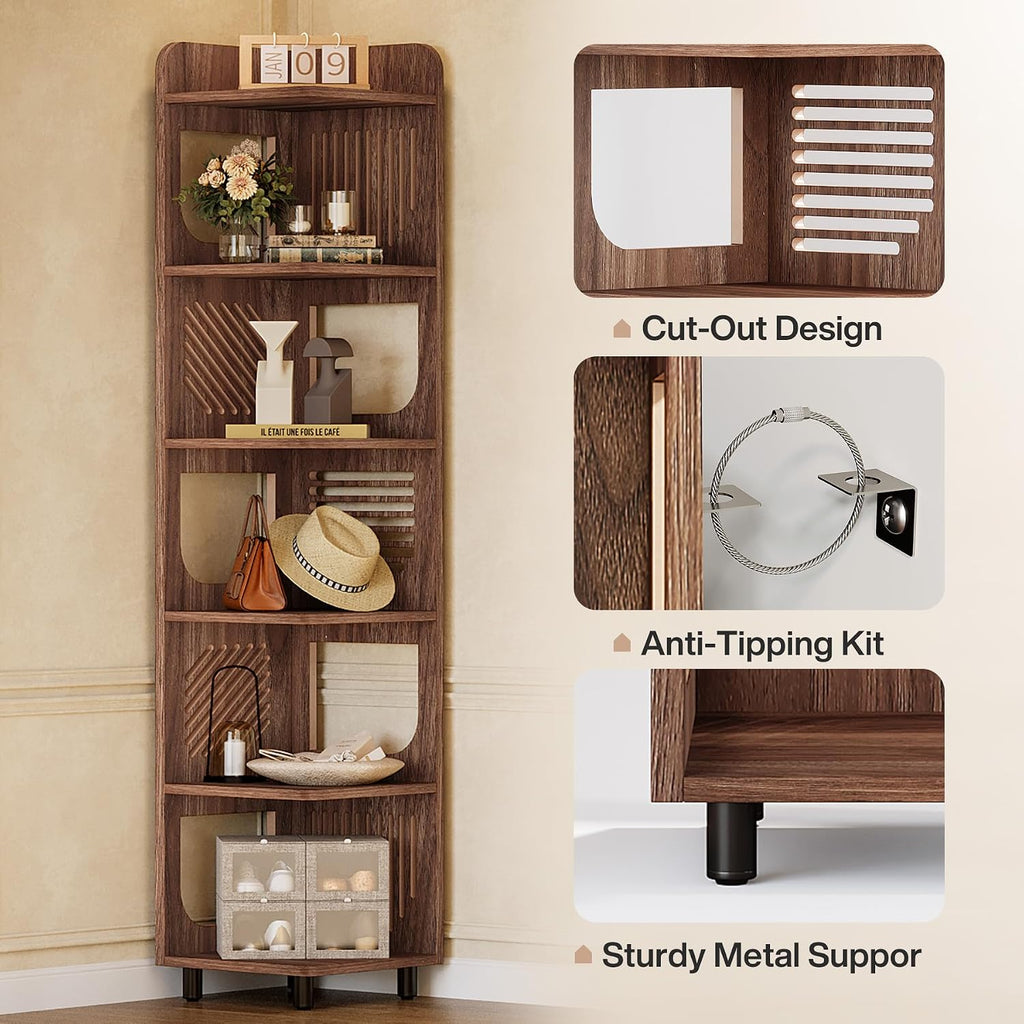 Tribesigns 6-Tier Corner Bookshelf, Tall Narrow Corner Shelf Bookcase with Hollow Design, Farmhouse Skinny Display Shelf for Living Room, Bedroom, Small Space, Brown