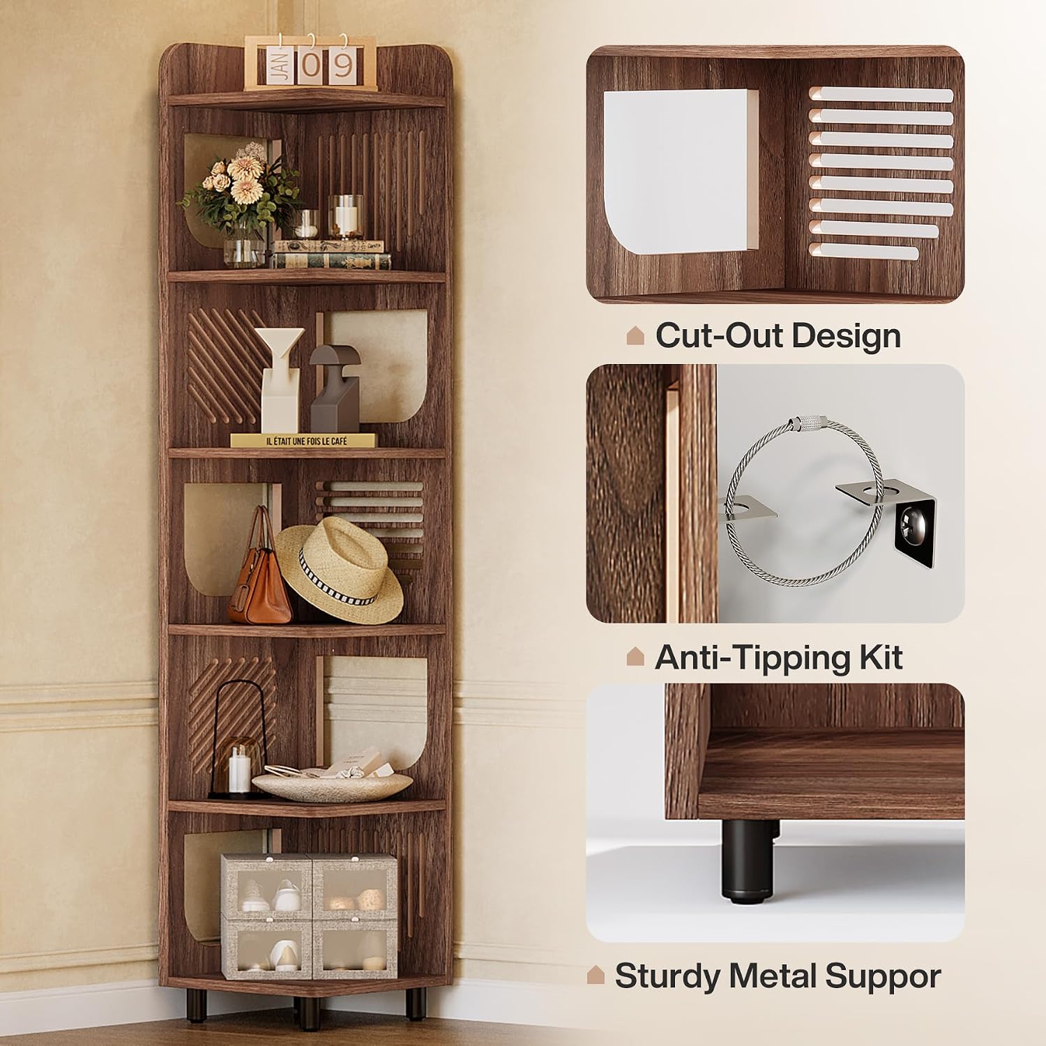 Tribesigns 6-Tier Corner Bookshelf, Tall Narrow Corner Shelf Bookcase with Hollow Design, Farmhouse Skinny Display Shelf for Living Room, Bedroom, Small Space, Brown