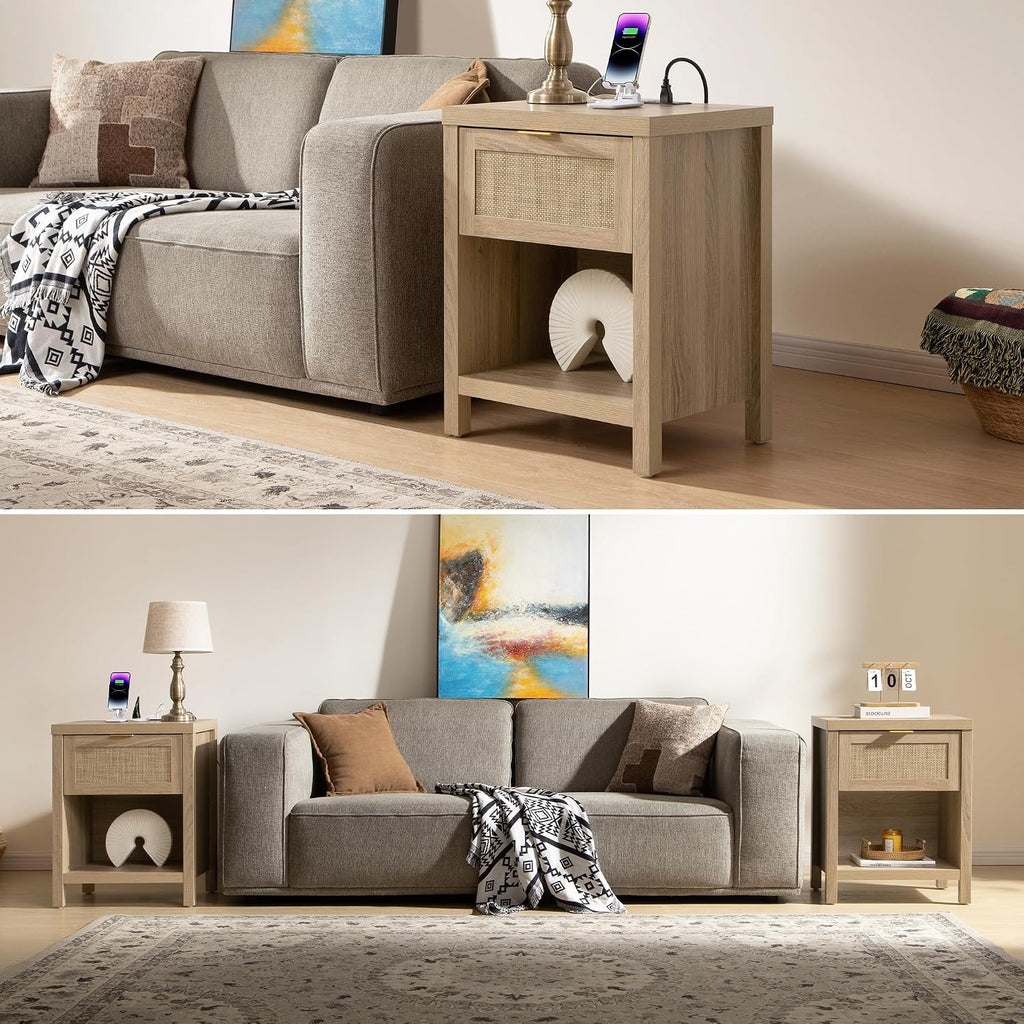 SICOTAS Night Stand with Charging Station - Rattan Nightstand with Type-C and USB Ports, Farmhouse Boho Bed Side Table with Drawer and Open Shelf for Bedroom Small Space, Light Oak