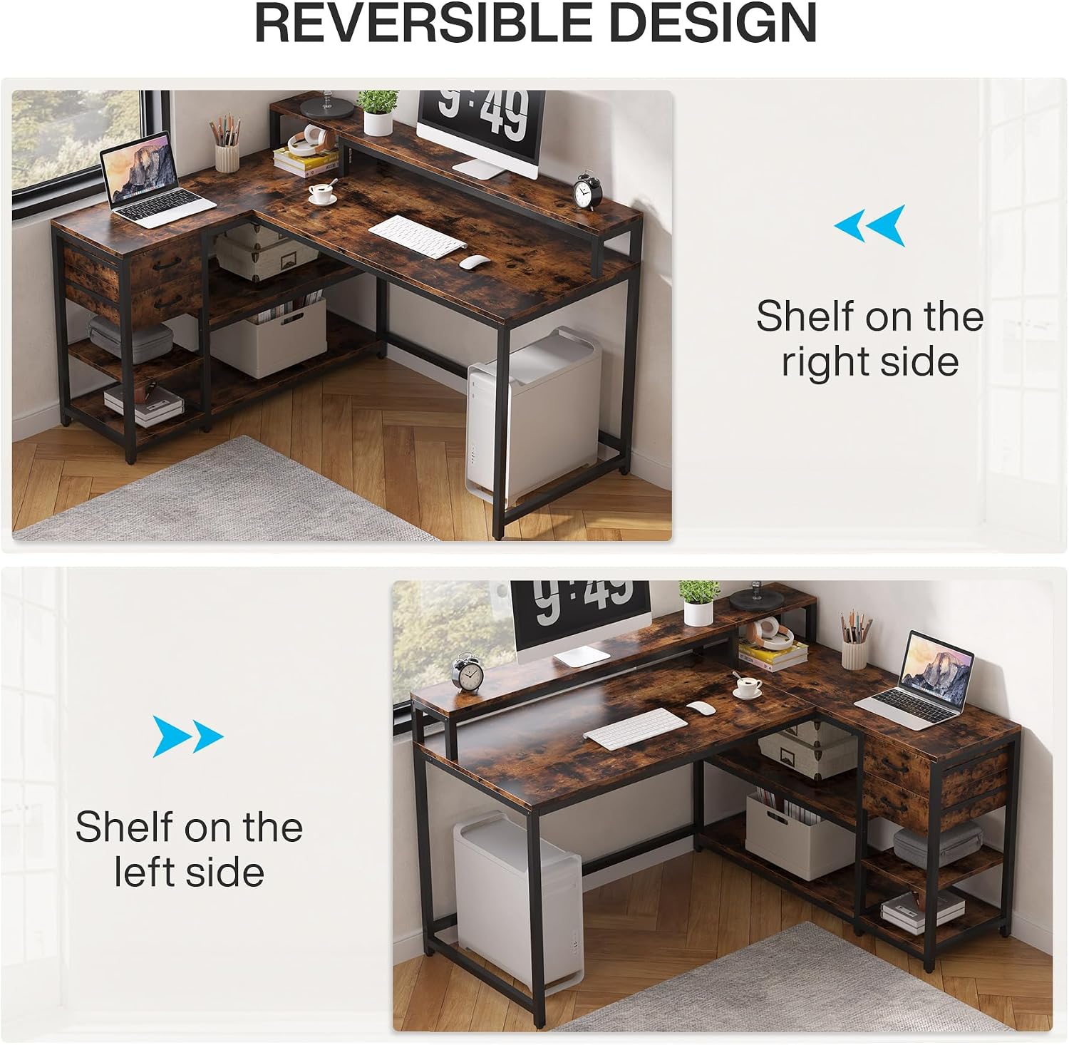Tribesigns L Shaped Desk with Drawers and Storage Shelves, Home Office L Corner Desk with Monitor Stand, 55' x 24' Desktop Computer Table, Gaming Study Table for Small Space