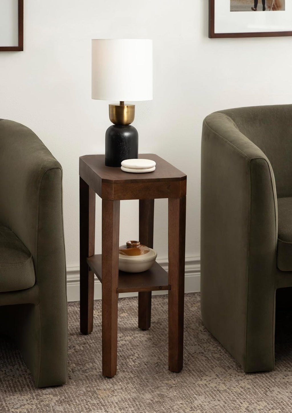 Kate and Laurel Marley Modern Mango Wood and Metal Bedside Table Lamp, 8 x 8 x 17, Antique Brass and Black, Decorative Sculpted Hourglass Tabletop Desk Lamp with Linen Shade for Living Room Decor