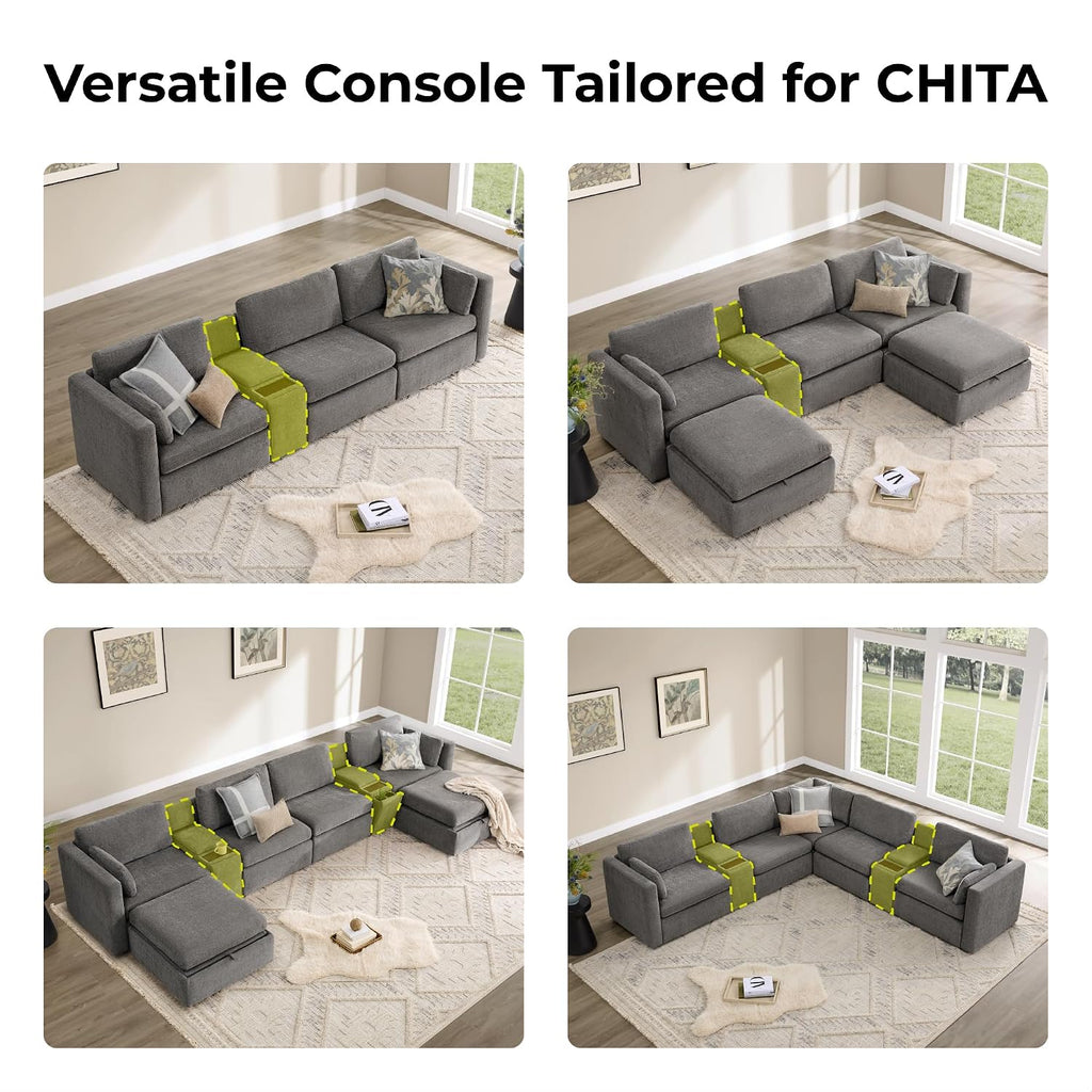 CHITA Versatile Storage Console for Modular Sofa, Multifunctional Side Table with Dual Cup Holders, Table, No Need Assembly, Grey