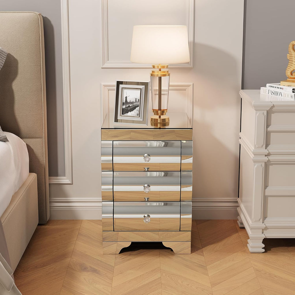 Curved Mirror Nightstand with 3 Drawer Glass Bedside Table for Bedroom Small Spaces End Table for Living Room Fashion Bedroom Furniture