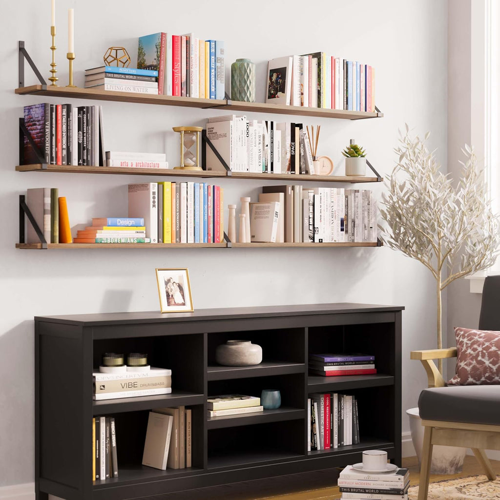 Wallniture Bora 60' x 6' Rustic Floating Shelves for Wall, Shelves for Bedroom, Office & Kitchen Storage Shelf, Wall Bookshelf, Set of 3, Burnt, Wood
