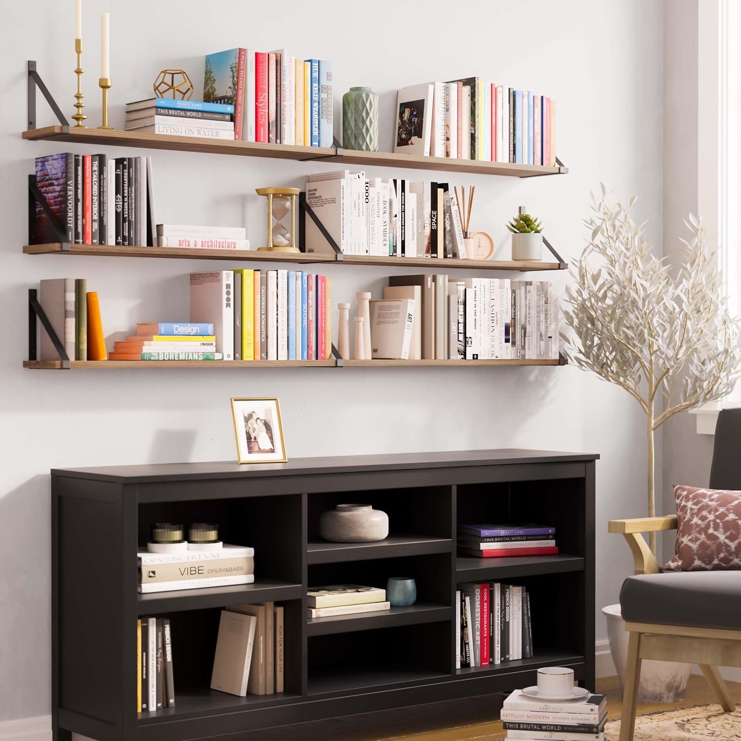 Wallniture Bora 60' x 6' Rustic Floating Shelves for Wall, Shelves for Bedroom, Office & Kitchen Storage Shelf, Wall Bookshelf, Set of 3, Burnt, Wood