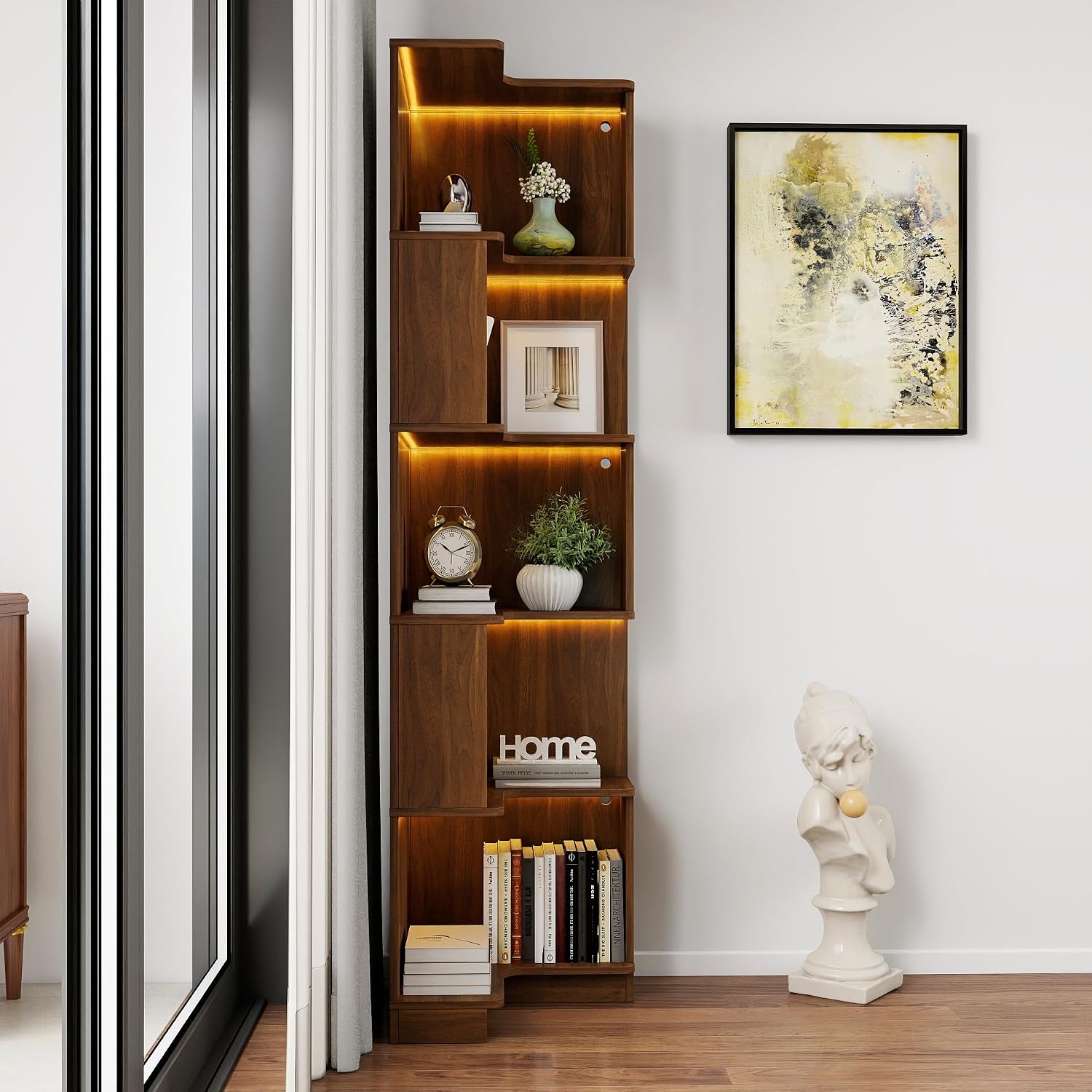 5-Tier Corner Bookshelf, L-Shaped Wood Corner Shelf with LED Lights and Baffle, Farmehouse Bookcase for Home Office Living Room Apartment, Walnut