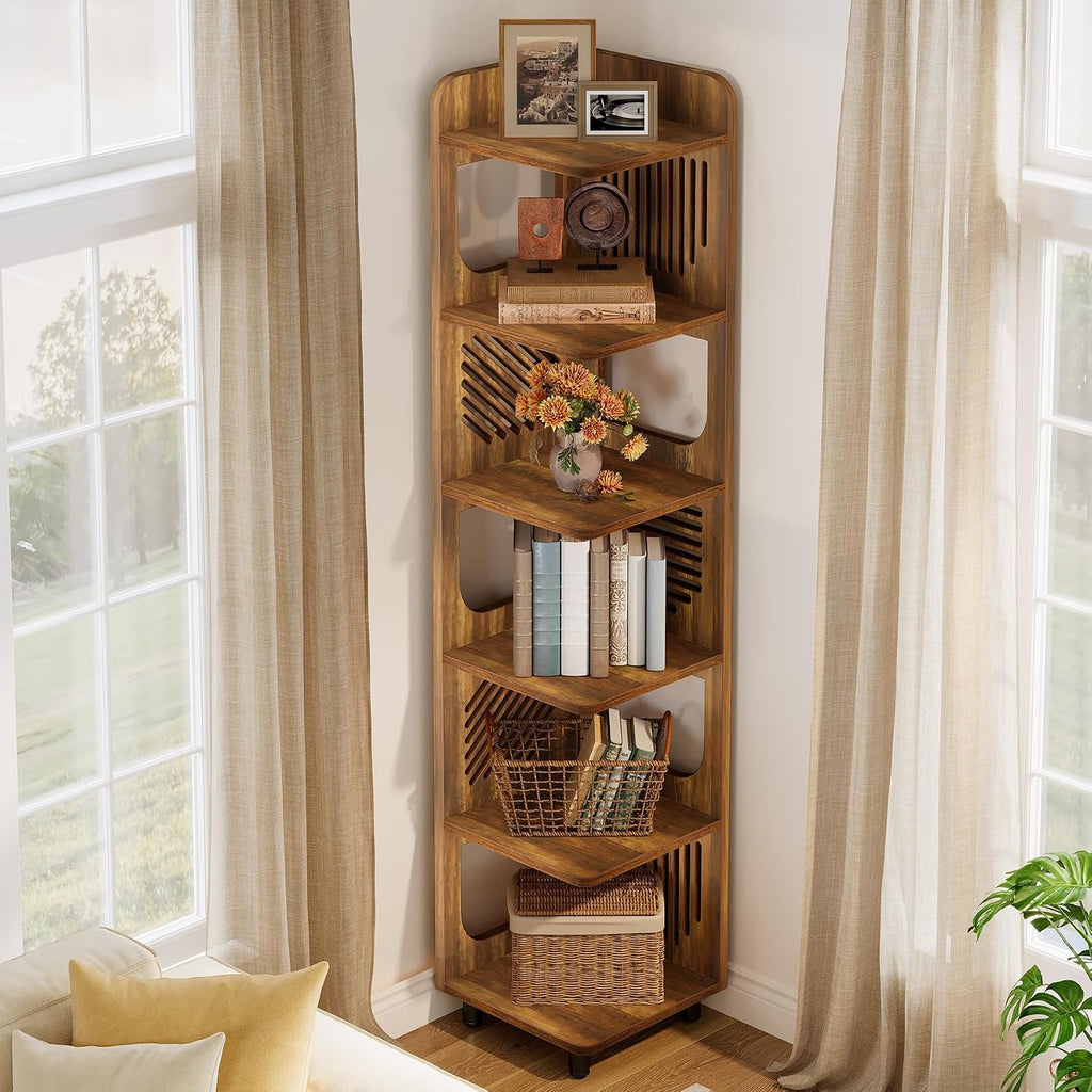 Tribesigns 6-Tier Corner Bookshelf, Tall Narrow Corner Shelf Bookcase with Hollow Design, Farmhouse Skinny Display Shelf for Living Room, Bedroom, Small Space, Yellow