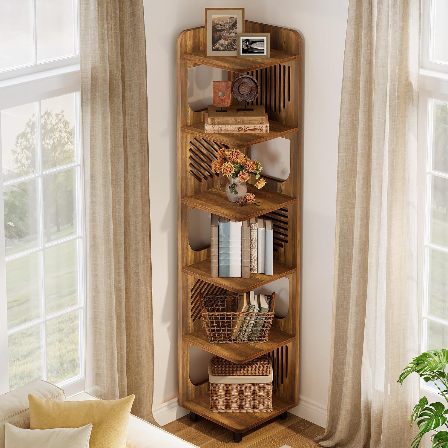 Tribesigns 6-Tier Corner Bookshelf, Tall Narrow Corner Shelf Bookcase with Hollow Design, Farmhouse Skinny Display Shelf for Living Room, Bedroom, Small Space, Yellow