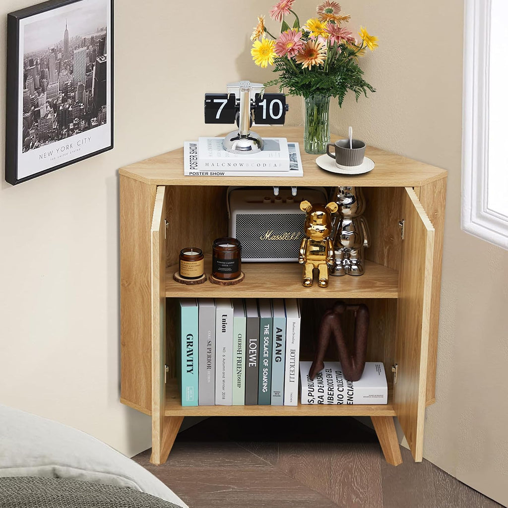 XUZENEST Fluted Floor Corner Cabinet, Small Corner Floor Cabinet with Adjustable Shelve, Freestanding Narrow Cabinets Organizer for Living Room Kitchen Bathroom, Natural
