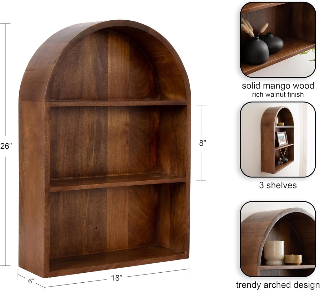 Kate and Laurel Arcott Modern Arched Wall Shelf, 18 x 26, Walnut Brown, Transitional Arch Wall Shelves for Over-the-Toilet Storage or Entryway Storage Shelf