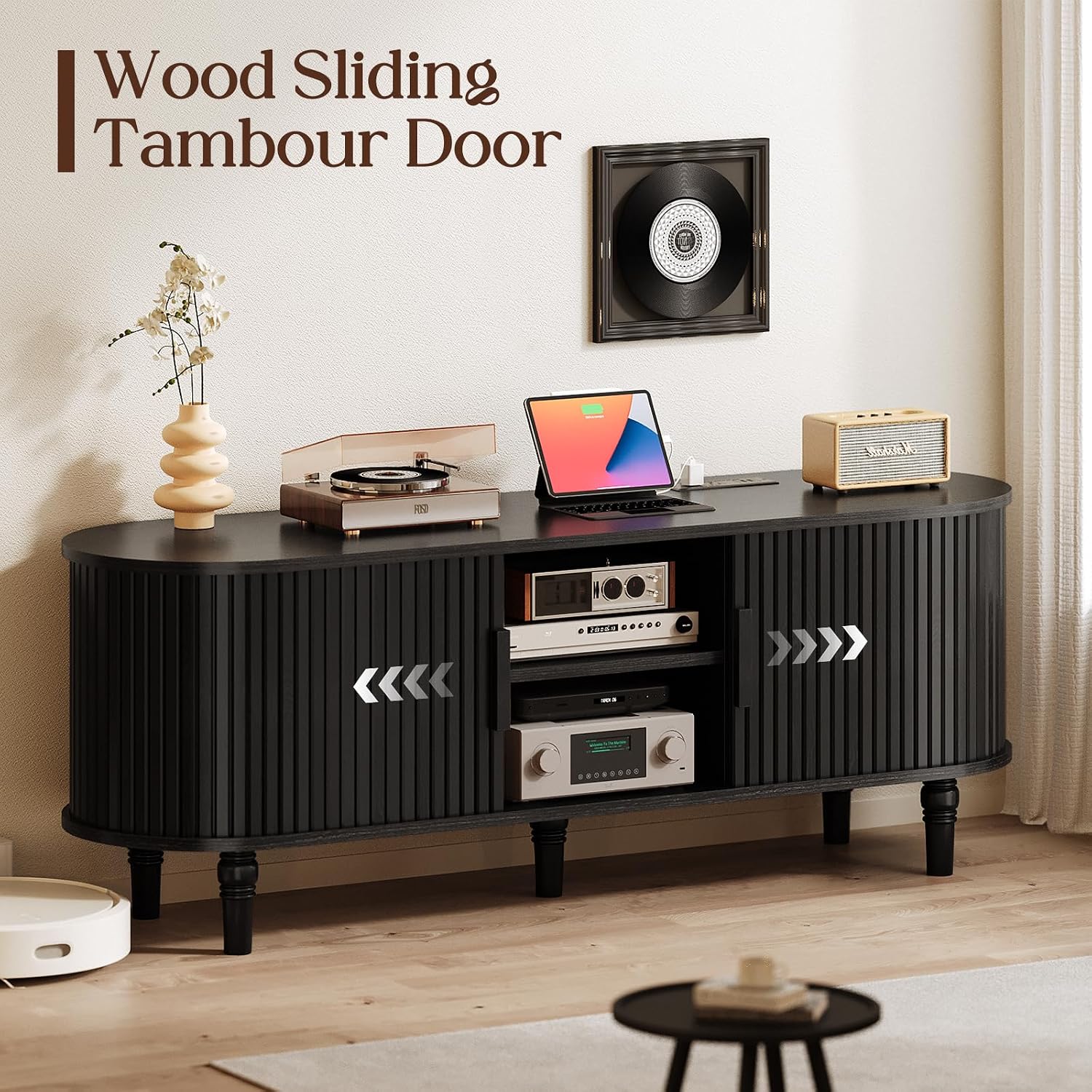 TV Console with Power Outlet-55' Entertainment Center with Sliding Tambour Door, Modern TV Stands for Living Room Bedroom, LED Media Stand with Storage Cabinet and Adjustable Shelves, Black
