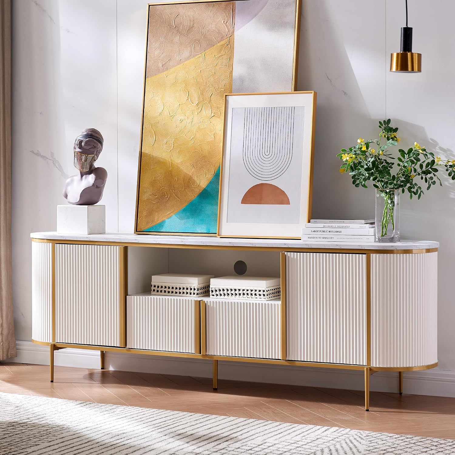OKD 70' Fluted TV Stand with Storage, Faux Marble Top Entertainment Center for TVs Up to 80', Modern Curved Edge Media Console Cabinet for Living Room, Off White