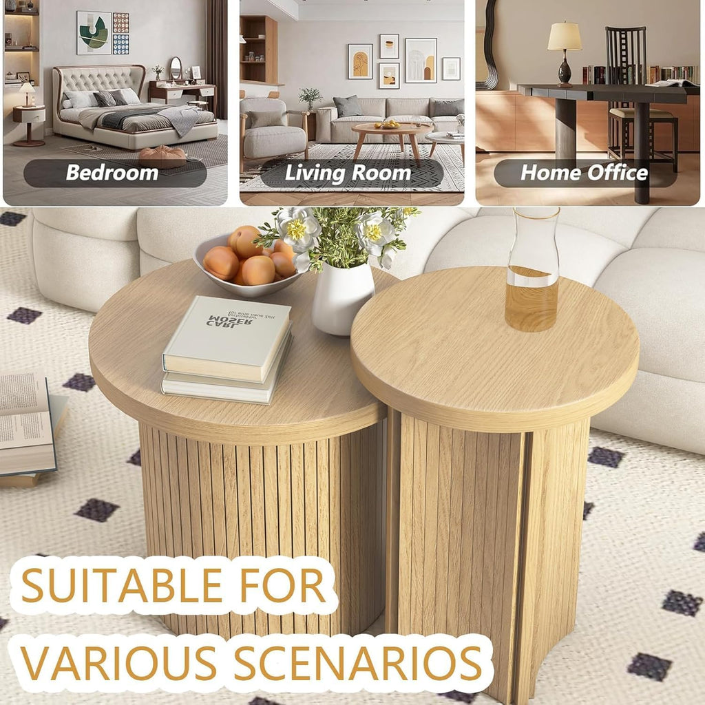 Round Nesting Coffee Table Set, Stackable Small Wood Grain Coffee Tables, Modern Space‑Saving Round Side End Tables for Living Room, Apartment, Bedroom, Small Spaces, Easy Assembly Home Furniture