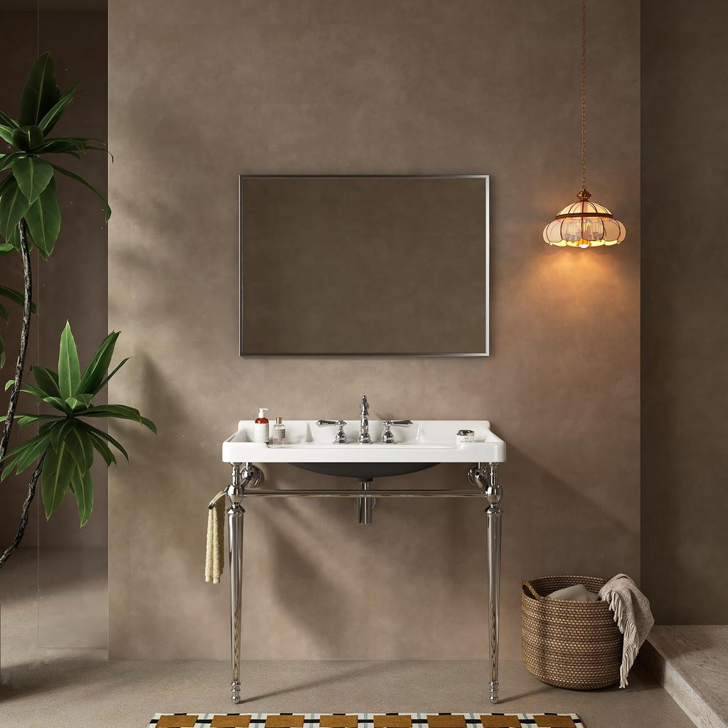 Yayzy 36' Bathroom Vanity with White Ceramic Sink, Wall-Mounted Console Style, Silver-Finish Stainless Steel Legs & Towel Bar, 3 Faucet Holes, No Faucet