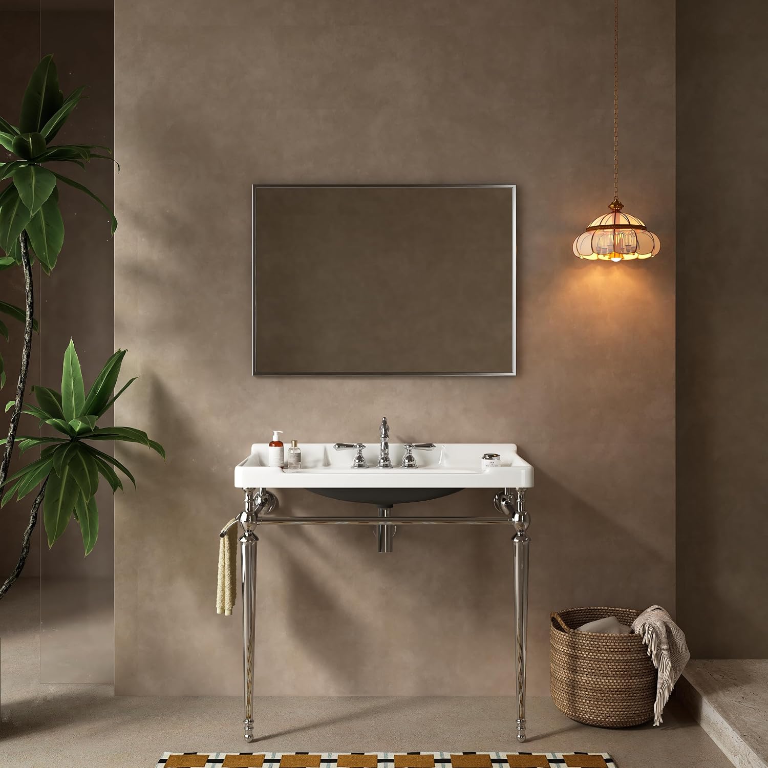 Yayzy 36' Bathroom Vanity with White Ceramic Sink, Wall-Mounted Console Style, Silver-Finish Stainless Steel Legs & Towel Bar, 3 Faucet Holes, No Faucet
