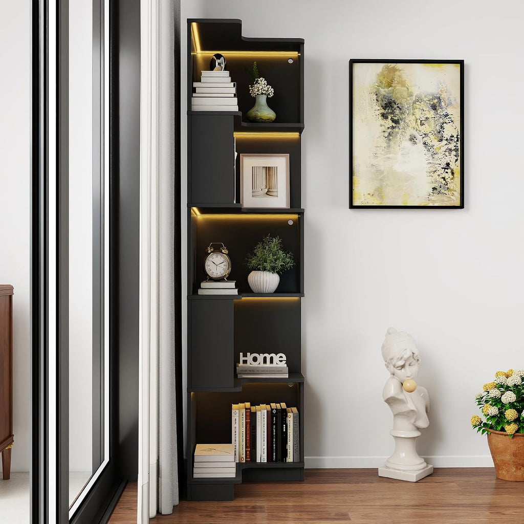 5-Tier Corner Bookshelf with LED Lights, Farmhouse Corner Shelf with Storage and Baffle, Freestanding L-Shaped Bookcase for Home Office Living Room Apartment, Black