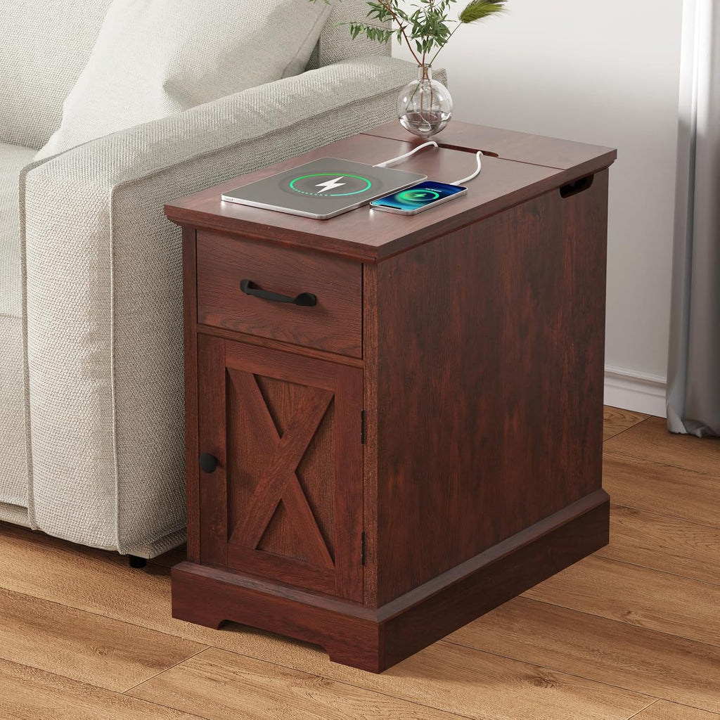 HOMMPA Farmhouse End Table with Charging Station Set of 2, 23.6'' Narrow Side Table with Barn Door Roman Column Design, Rustic Wood Sofa Side Table with Drawer & Cabinet for Living Room, Maroon Brown