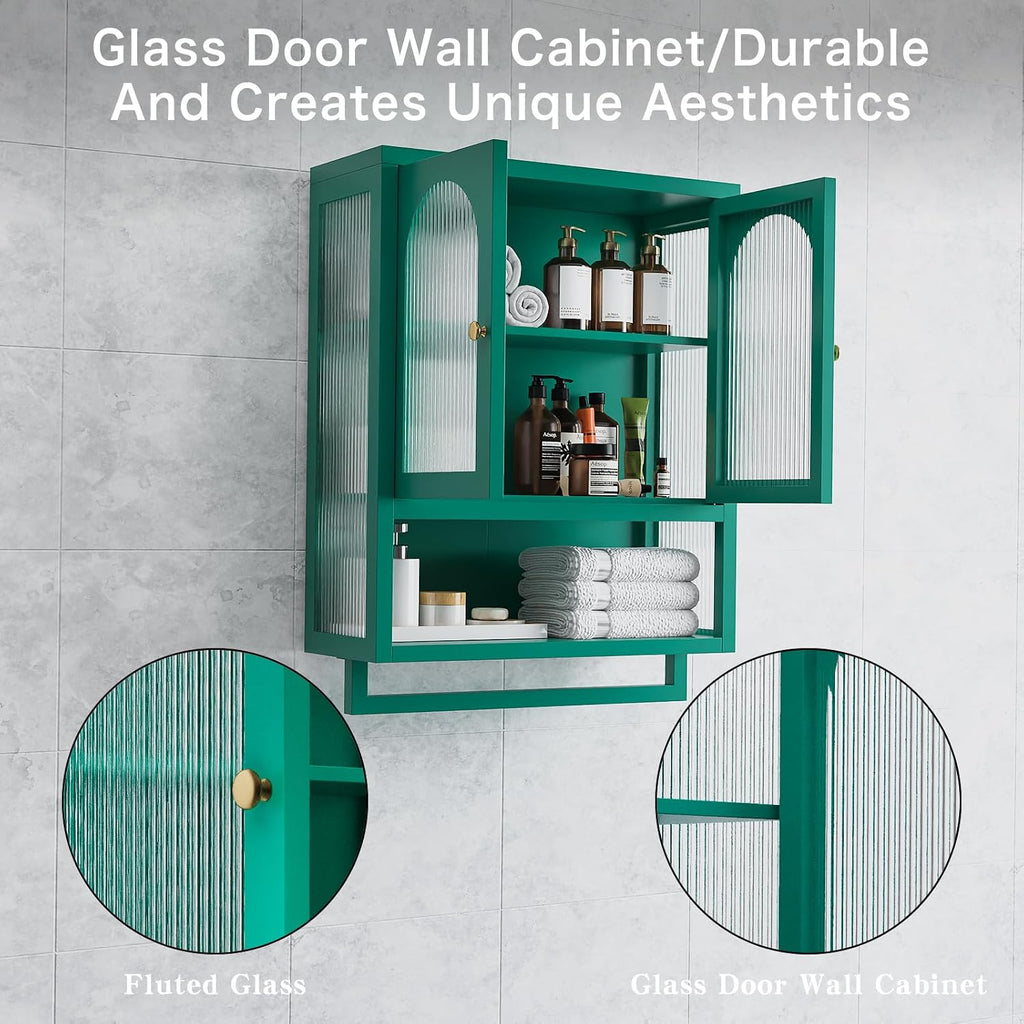 ALBAD Metal Bathroom Wall Cabinet with Fluted Glass Door and Towel Bar Wall-Mounted Medicine Cabinets Above the Toilet for Modern Bathroom, Kitchen, Garage, Laundry Room, Green