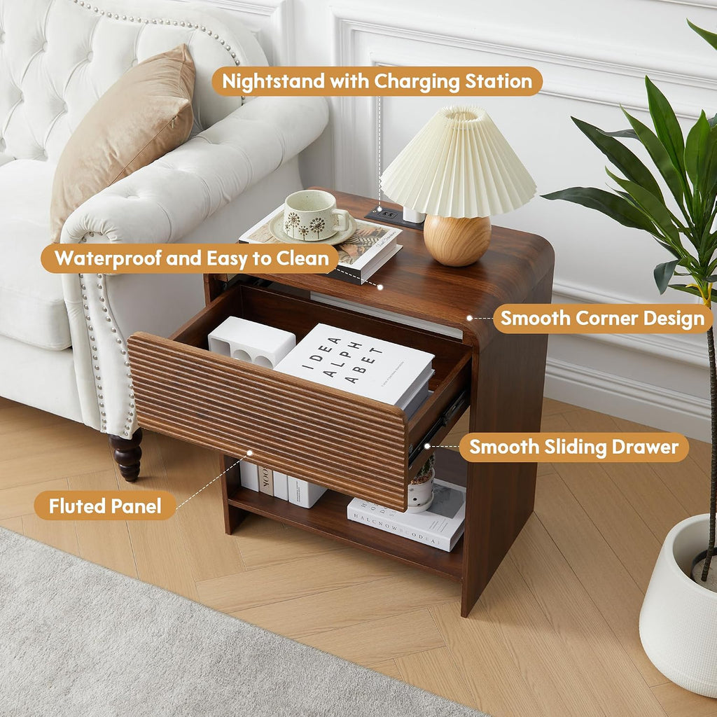 Set of 2 Fluted Side Table with Charging Station, Mid Century Modern End Table Nightstand with Drawer Storage, Large Wood Bedside Tables Night Stands for Small Space Bedroom Living Room Office, Walnut