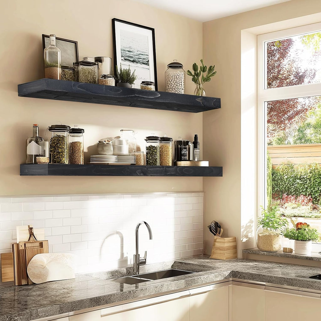48x6.8x2in Floating Shelf – Natural Black Solid Wood Rustic Mounted Shelf – Heavy Duty Decorative Storage for Living Room, Kitchen, Bathroom, Bedroom