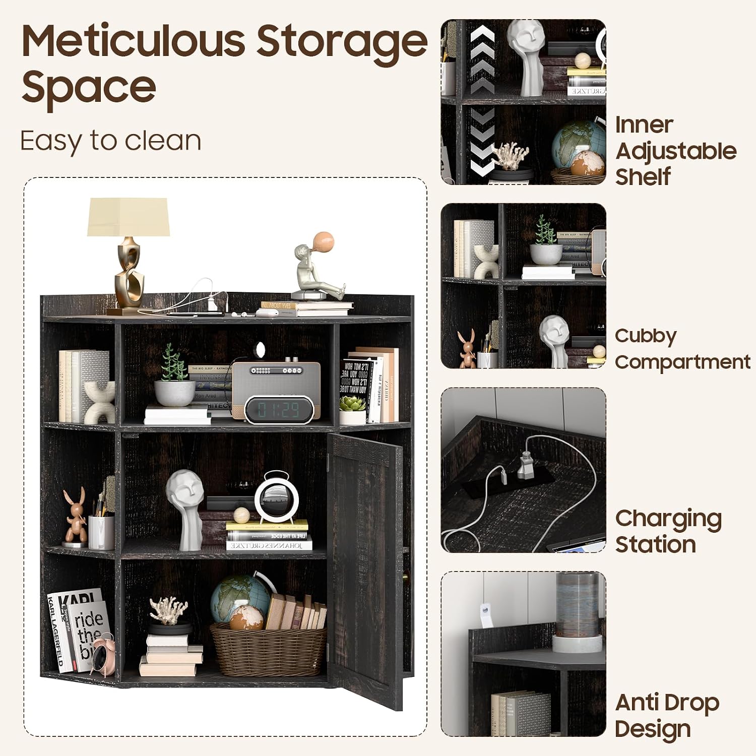 Halitaa Corner Storage Cabinet, Farmhouse Corner Bookshelf with Storage 6-Cubby Wooden Cabinet with USB Ports and Outlets Industrial Organizer for Small Space, Study, Playroom, Living Room