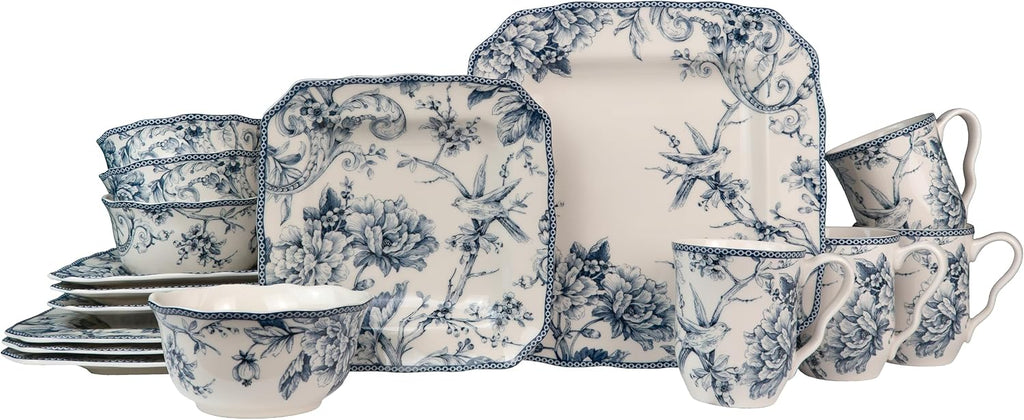 222 Fifth Adelaide Blue 16-Piece Floral Porcelain Dinnerware Set | Microwave and Dishwasher Safe Dining Set for 4 | Stackable and Chip-Resistant Plates Bowls and Cups | Gift for Housewarming & Wedding