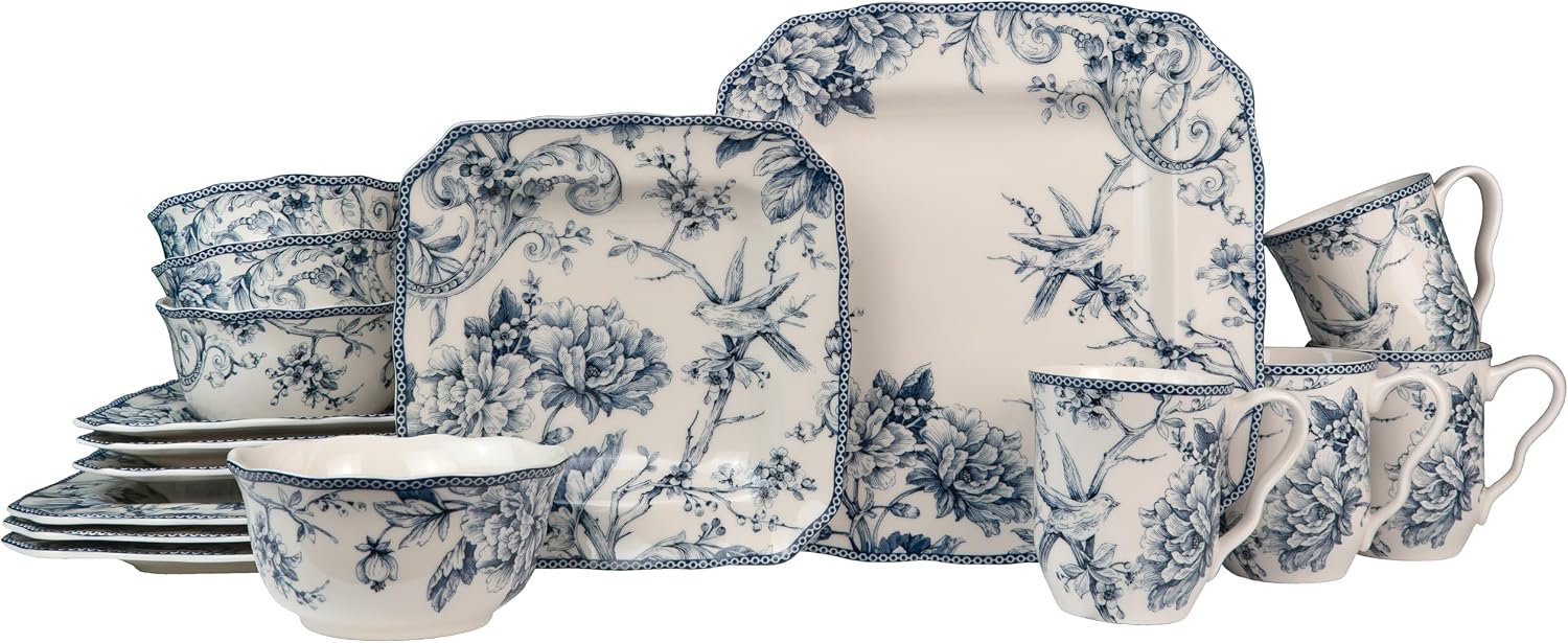 222 Fifth Adelaide Blue 16-Piece Floral Porcelain Dinnerware Set | Microwave and Dishwasher Safe Dining Set for 4 | Stackable and Chip-Resistant Plates Bowls and Cups | Gift for Housewarming & Wedding