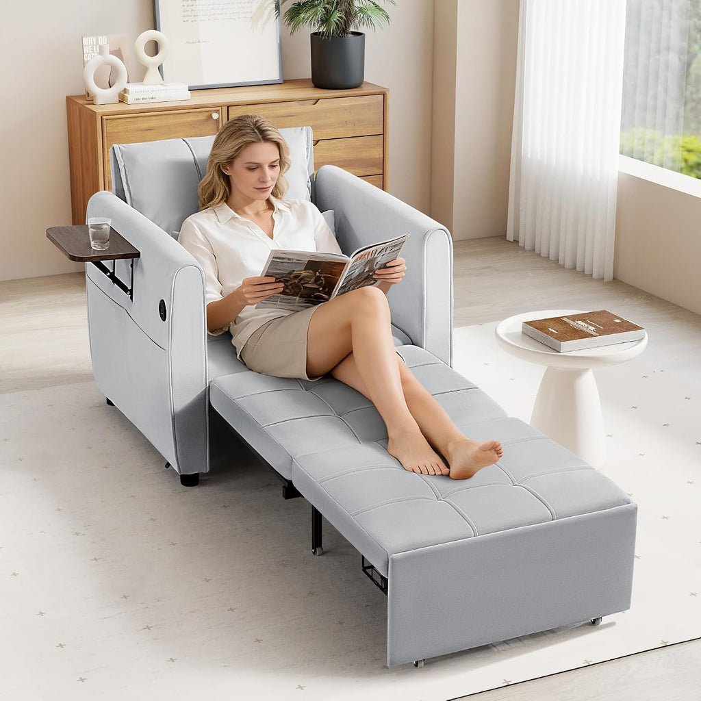 90' Convertible Sofa Chair Bed, 4 in 1 Pull Out Sleeper Chair, Adjustable Backrest Recliner with USB Port, Bottom Storage Basket, Folding Side Table, Lounge Sofa for Living Room Apartment Small Place