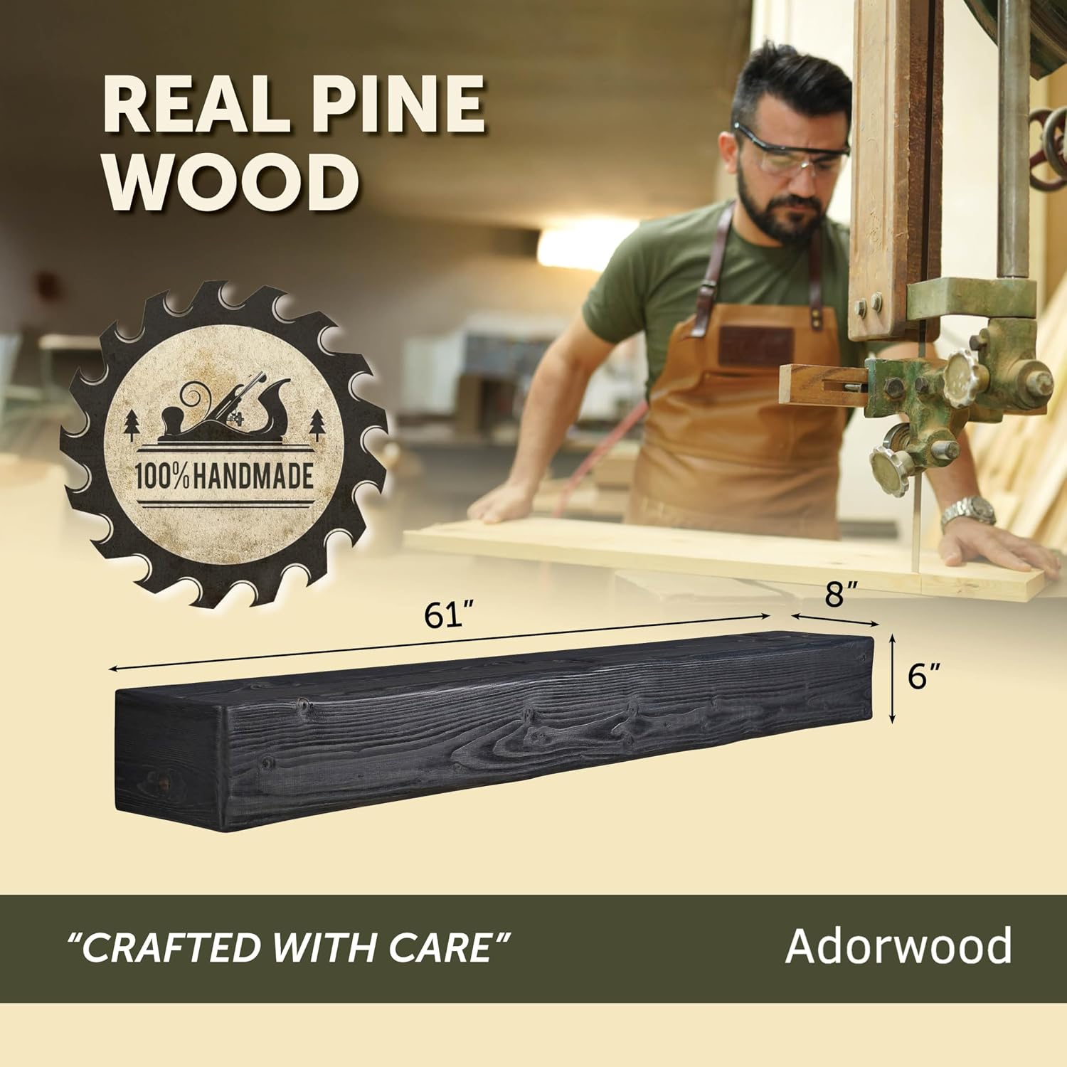 Handmade Fireplace Mantel Shelf 61', Extra Wide Rustic Wood Mantles for Over Fireplace, Wall Mounted Floating Mantel Shelves for Living Room Decor (Ebony, 61Lx6Hx8D)