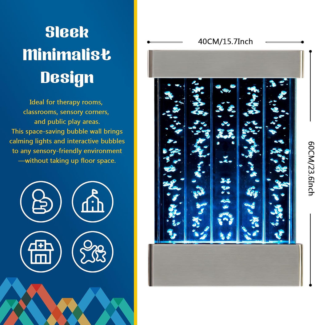 LED Sensory Bubble Wall – 24'x16' Stainless Steel Wall Panel with Floating Fish, Vertical Bubbles, Color-Changing Lights, Remote & APP Control for Sensory & Therapy Rooms