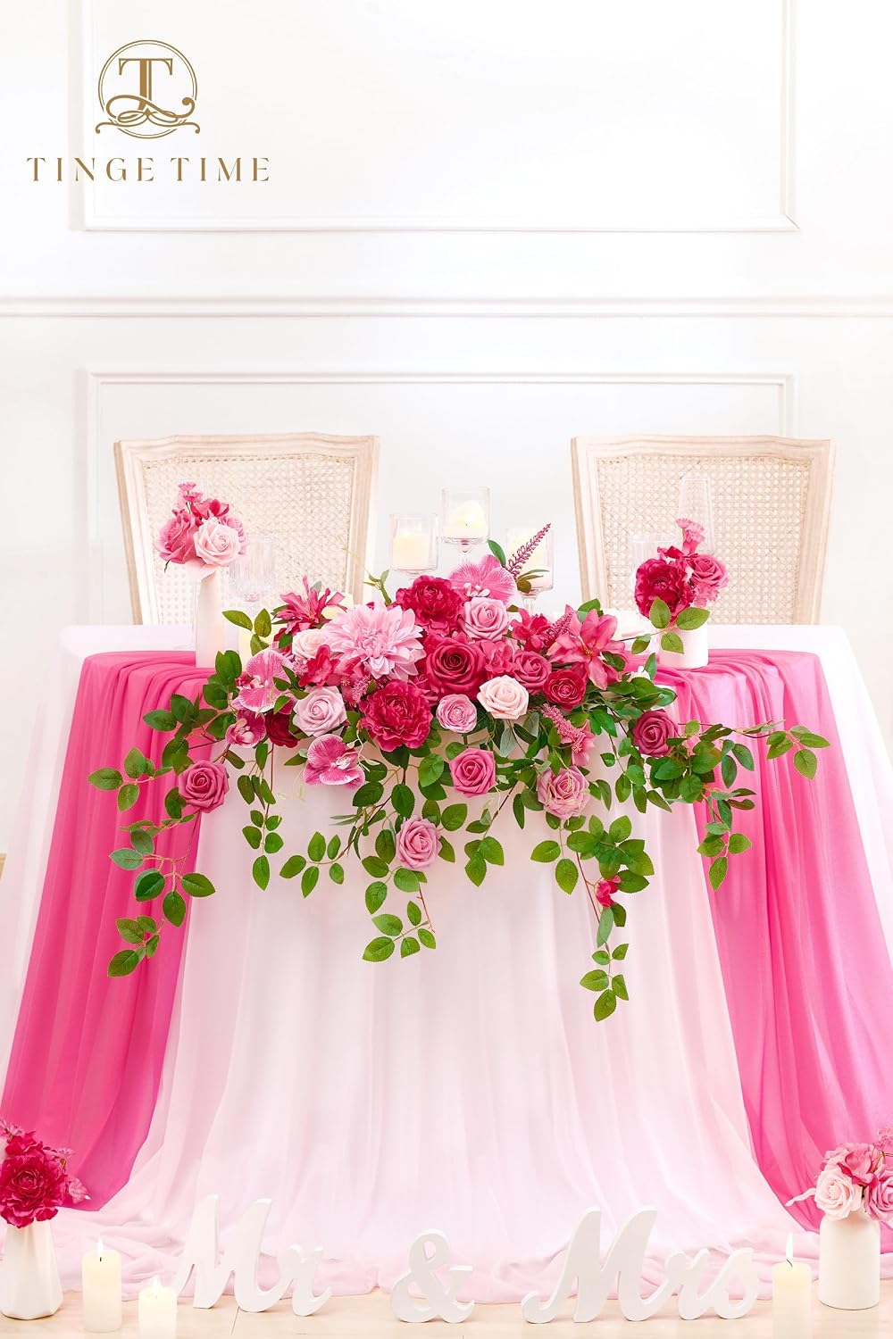 TINGE TIME Artificial Sweetheart Flower Swag with Table Cloth and Table Runner, Pack of 3 Floral Arrangement for Wedding Sweetheart Table Centerpiece Decoration Valentine's Day (Hot Pink)