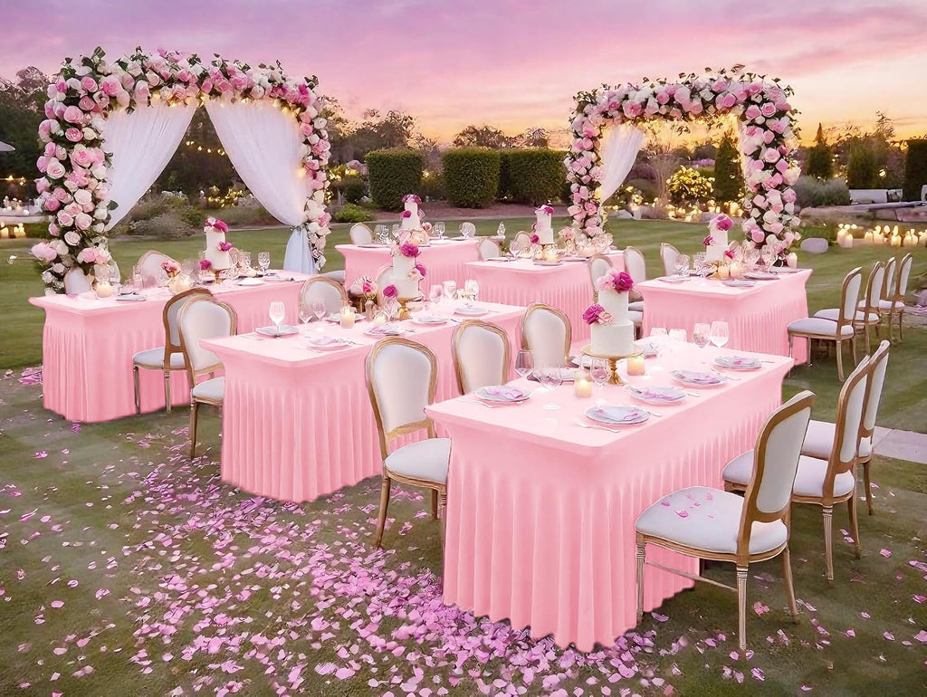 fani 6 Packs Pink Stretch Table Skirts for 8 Foot Rectangle Table, Washable Spandex Stretch Tablecloths with Skirt, Wrinkle Resistant Fitted Tablecover for Wedding Party Banquet