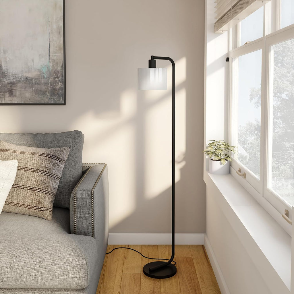 Henn&Hart 57'' Industrial 1-Light Floor Lamp with White Glass Drum Shade for Living Room, Bedroom, or Office, Black