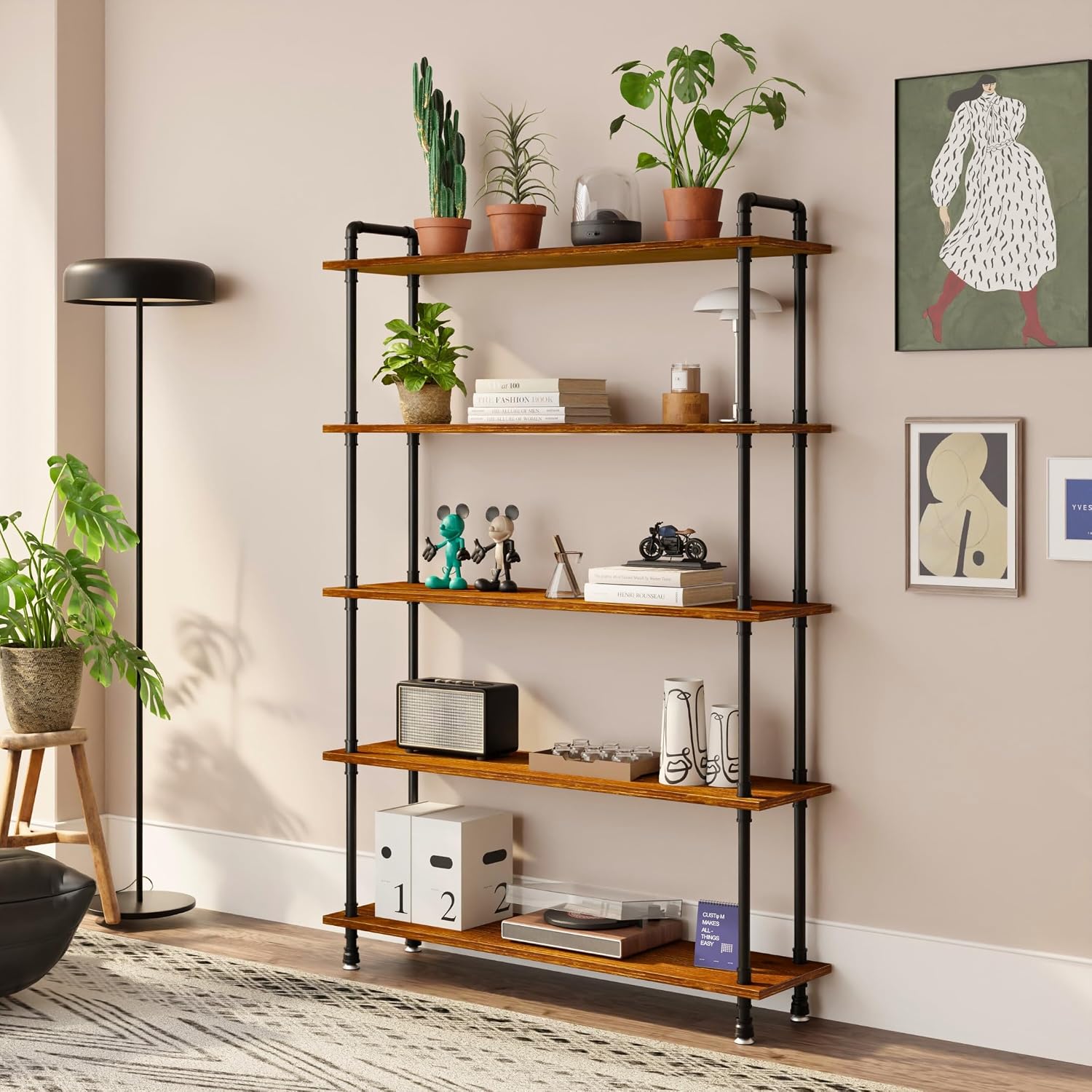 Industrial Bookshelf, Rustic Open Bookcase, 5 Tier Wood and Metal Bookshelf, Solid Pine Wood and Iron Pipe Tall Narrow Storage Shelf for Living Room Bedroom Office Kitchen