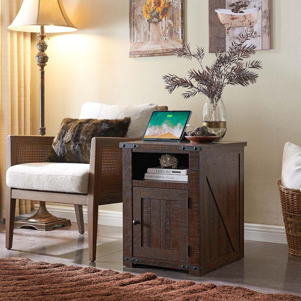 IFGET Nightstand with Charging Station, 20' Farmhouse End Table w/Groove Barn Door, Rustic Wood Sofa Side Bedside Table w/Open & Adjustable Shlef for Bedroom, Living Room, Brown
