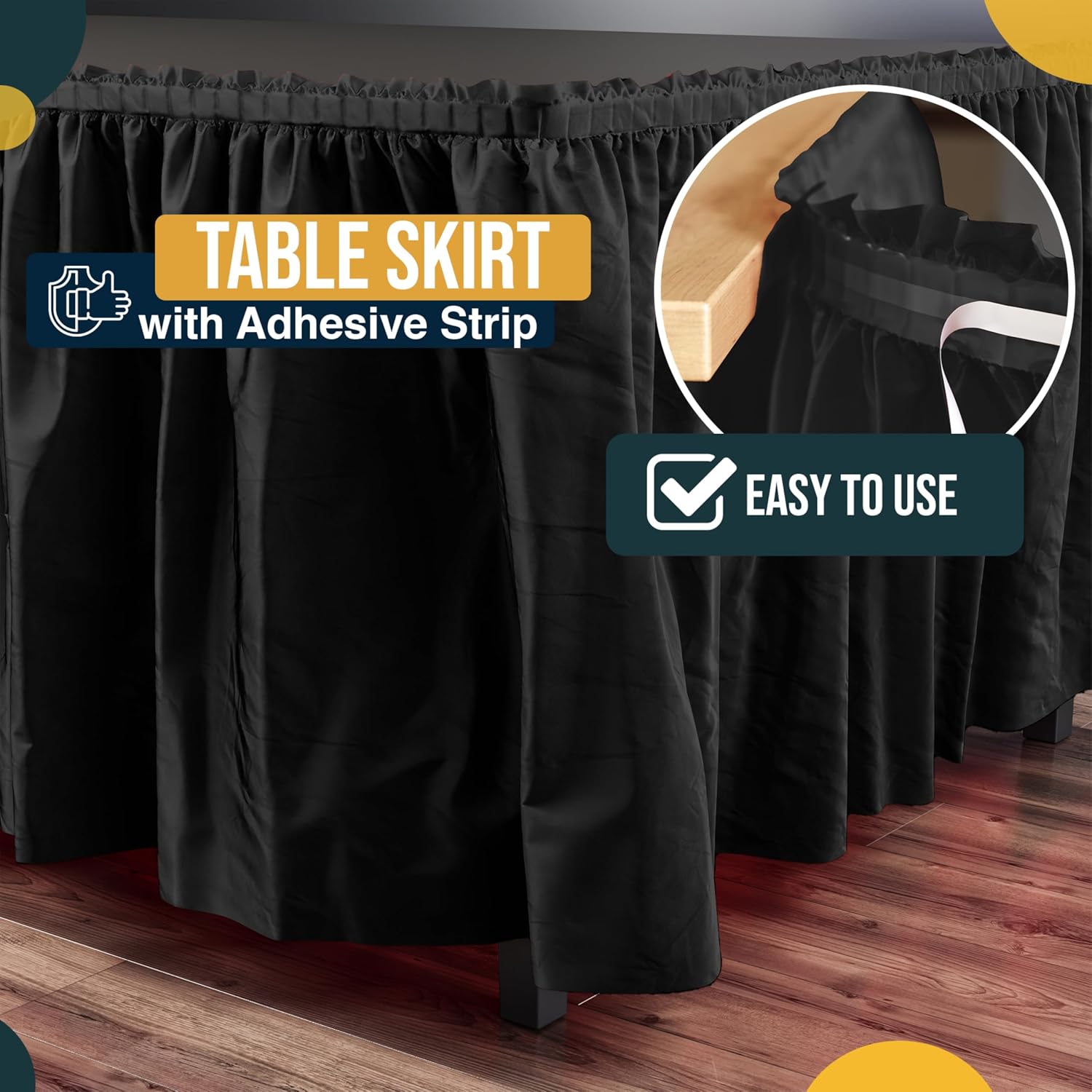 Exquisite Black Table Skirt 48 Pack - Disposable Plastic Table Skirts for Rectangle Tables 6ft 8ft & Round Tables - 29in x 14ft Self-Adhesive Strip - Birthday Wedding Gender Reveal Decor