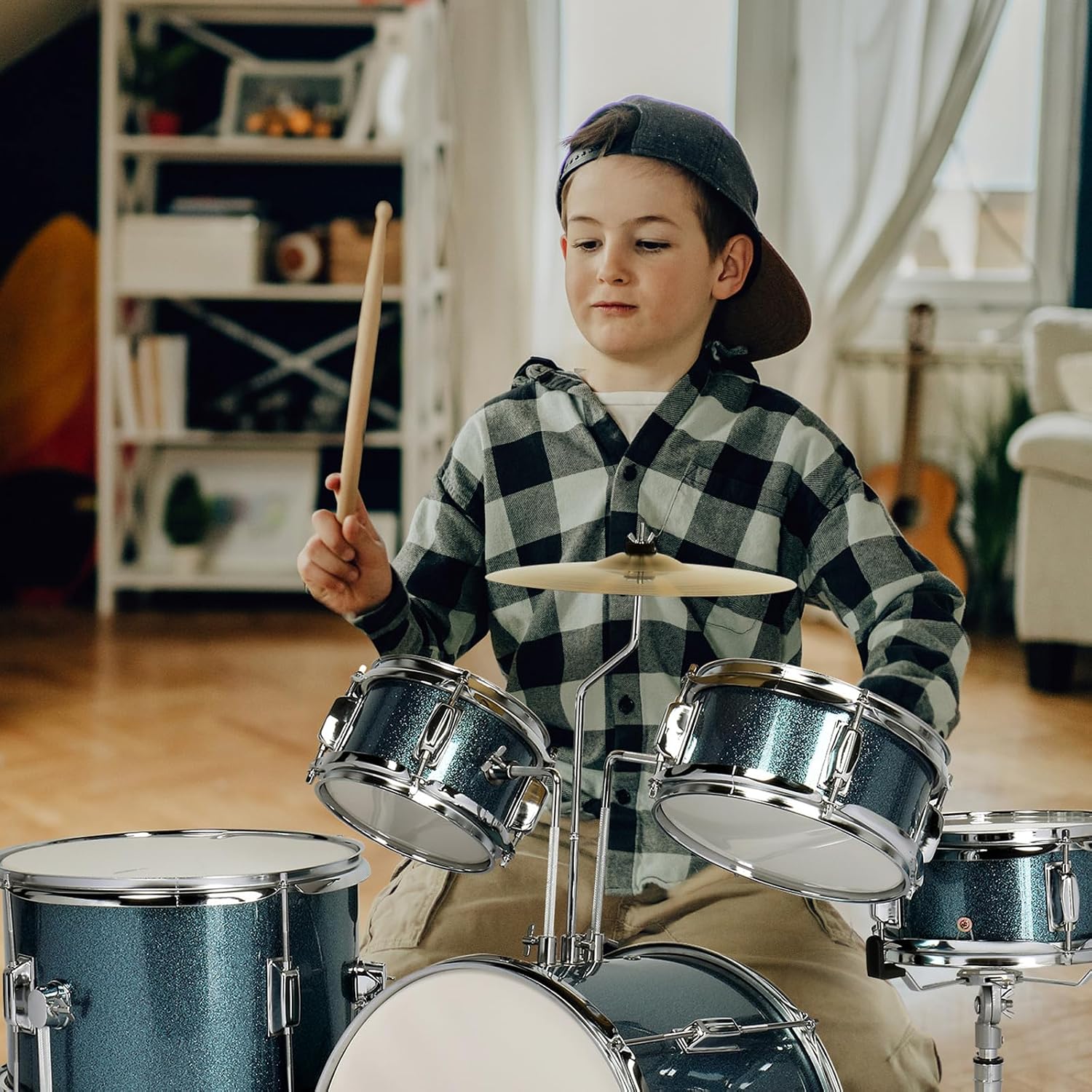Ktaxon 5-Piece Complete Junior Drums Set, 14 Inch Beginners Drum Kit with Throne Stool, Pedal & Drumsticks, Drums Musical Instruments W/Cymbal, Hi-Hat, Floor, Tom and Snare Drum (Blue)